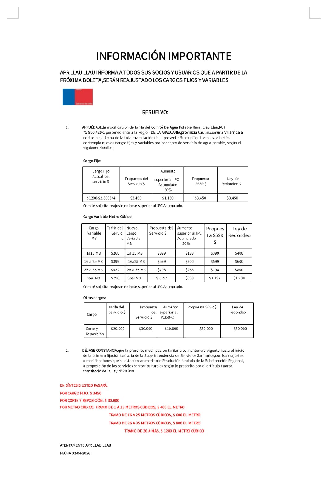 Resolución de tarifas APR Llau-Llau